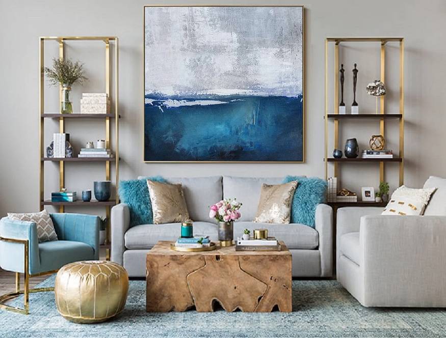 Modern Original Handmade Blue Coastal Abstract Canvas Wall Art J7LI2